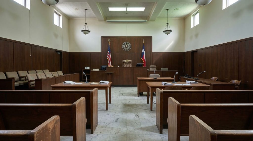 Traditional courthouse interior with wooden benches and elevated judge's bench in Texas courtroom