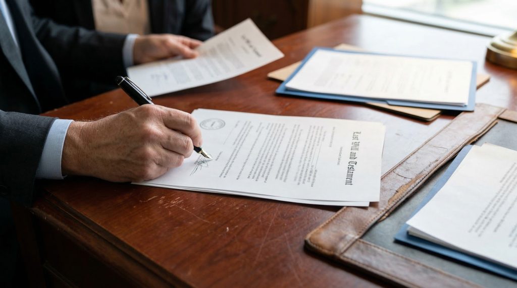 Close-up view of hands signing last will and testament document with witness present