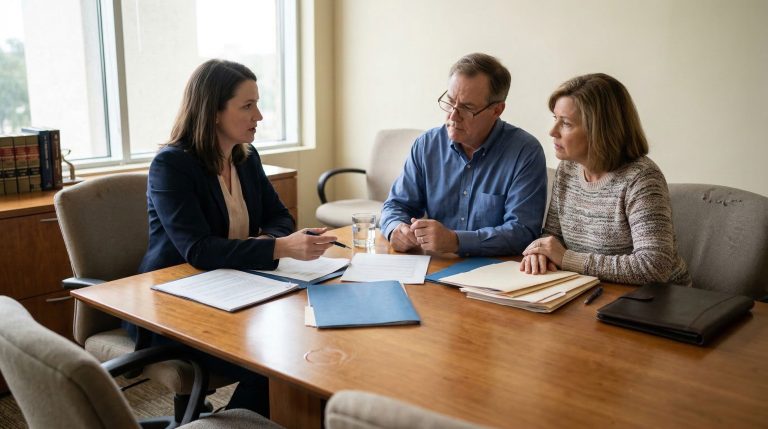 Mature couple reviewing legal documents with attorney in contemporary office conference room