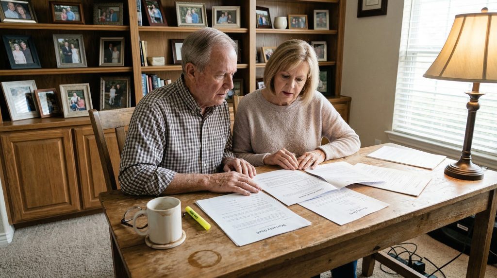 Senior couple reviewing estate documents together at home office desk with family photographs nearby